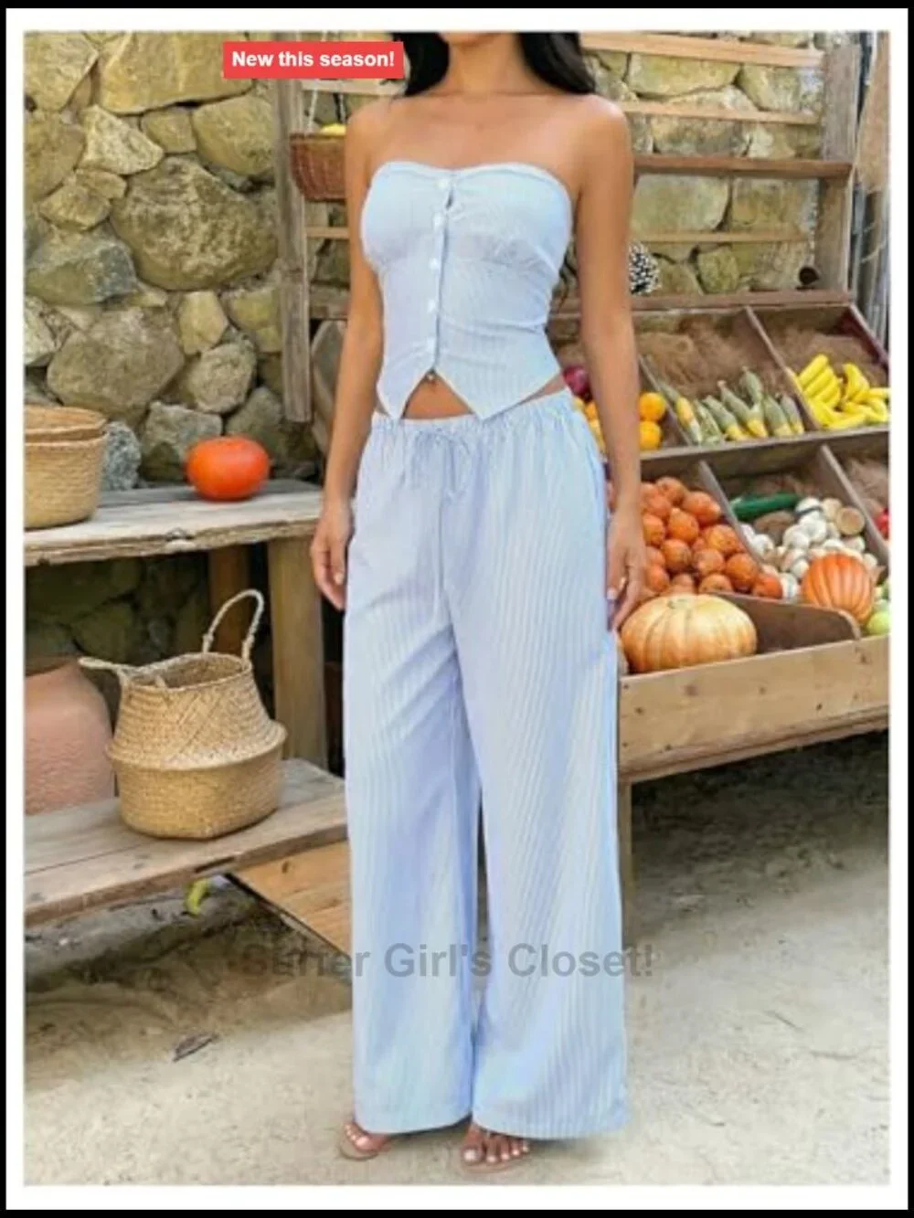 Striped 2 Piece Outfit Button Front Bandeau Pants Set Vacation Outfits